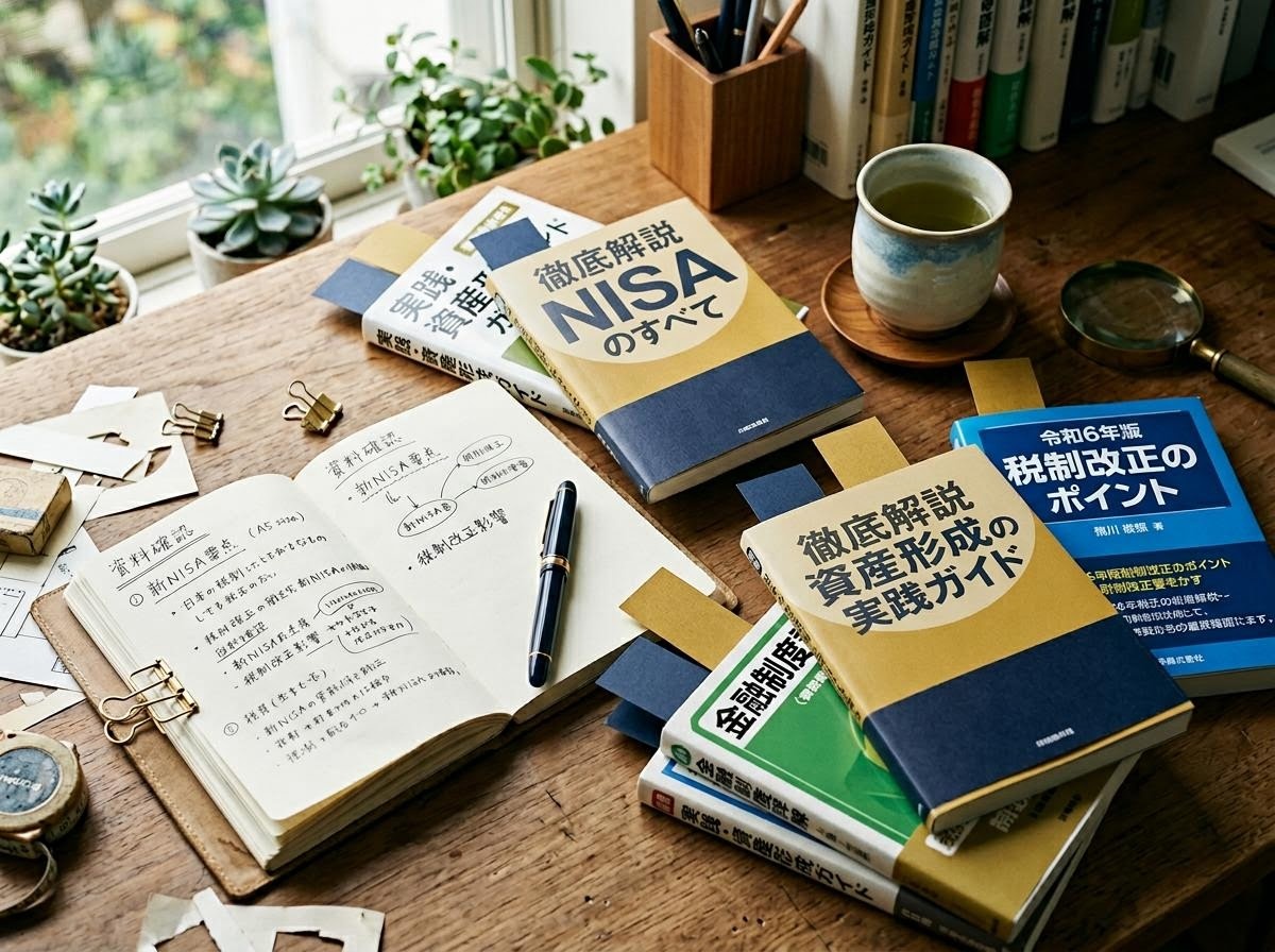 編集机の上に並ぶ税制関連の書籍と編集用ノート