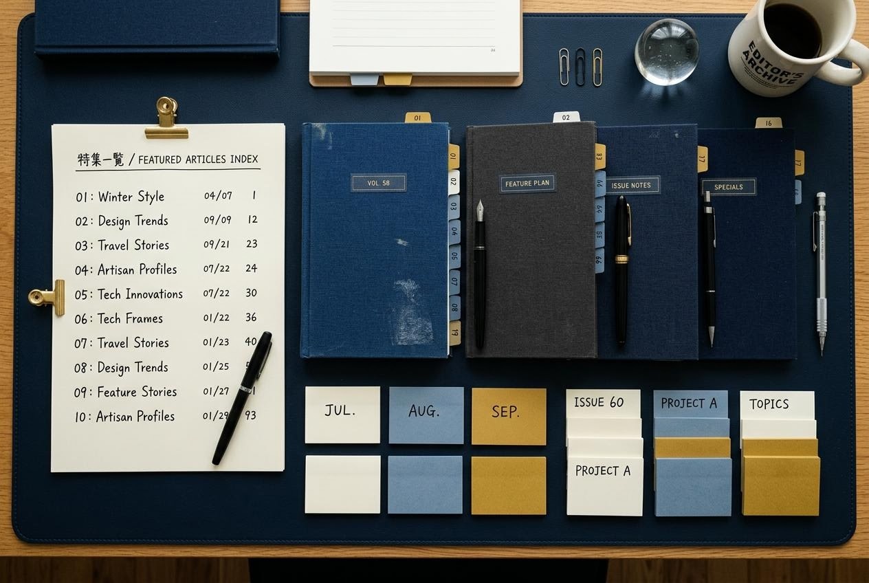 ノートと目次を示す編集者の机上の風景画像