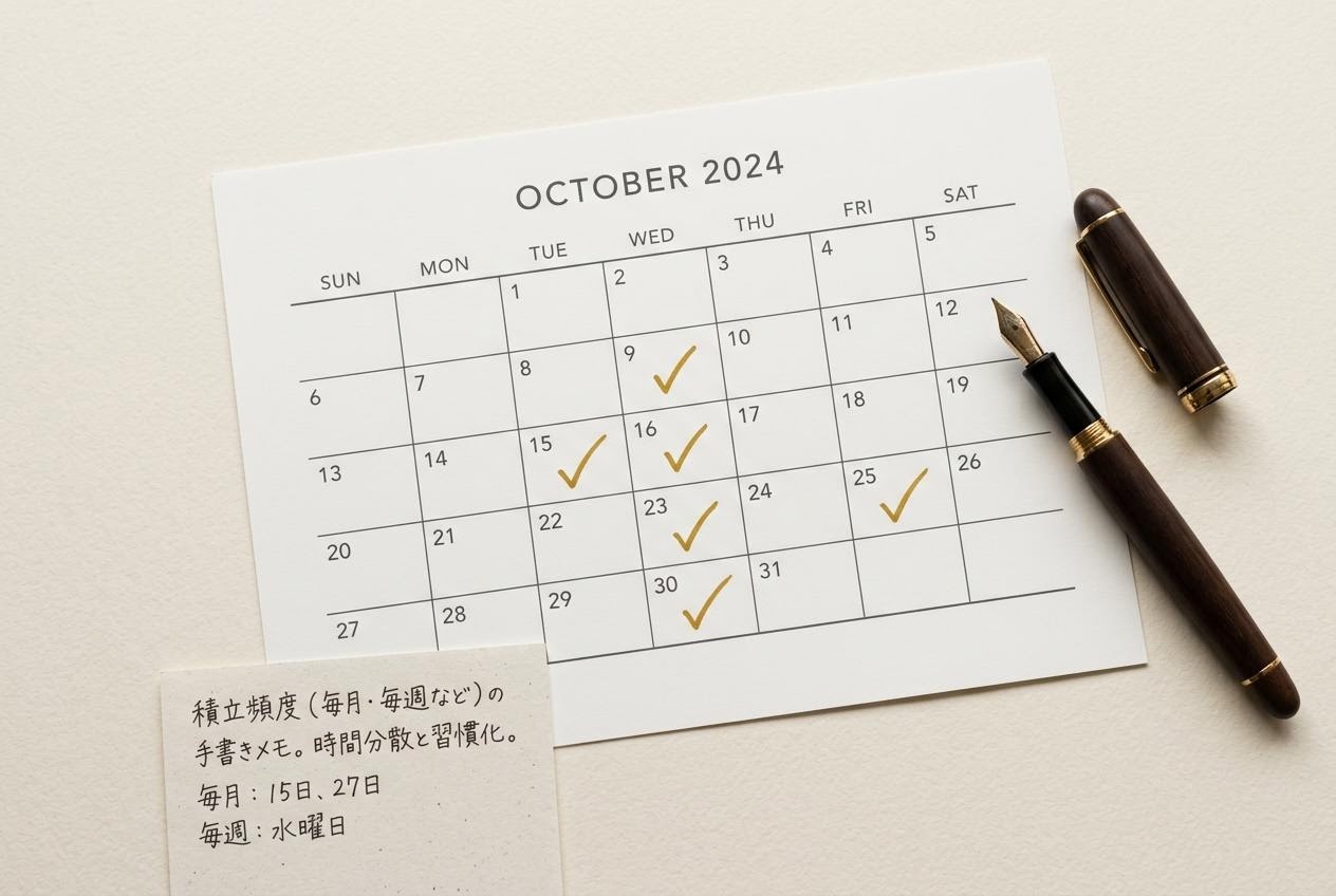 積立計画を示すノートと万年筆、月次カレンダーの画像