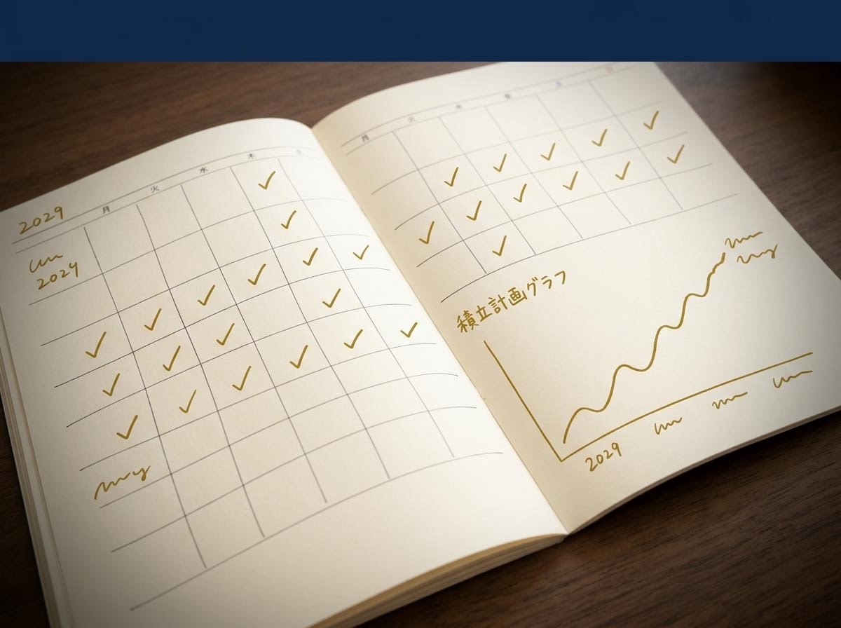 長期計画を表すカレンダーと積立推移の手書きチャート